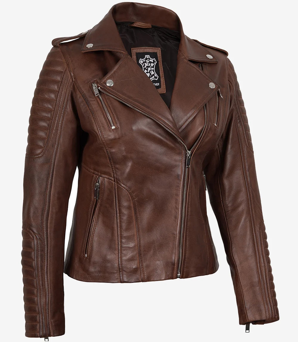 Cognacfarbene Lederjacke im Biker-Stil für Damen mit abnehmbarer Kapuze