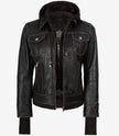 Damen-Bomberlederjacke im Used-Look in Braun mit abnehmbarer Kapuze