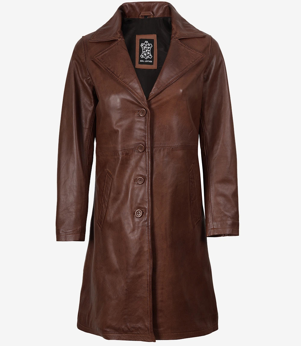 Langer Cognac-Leder-Automantel für Damen