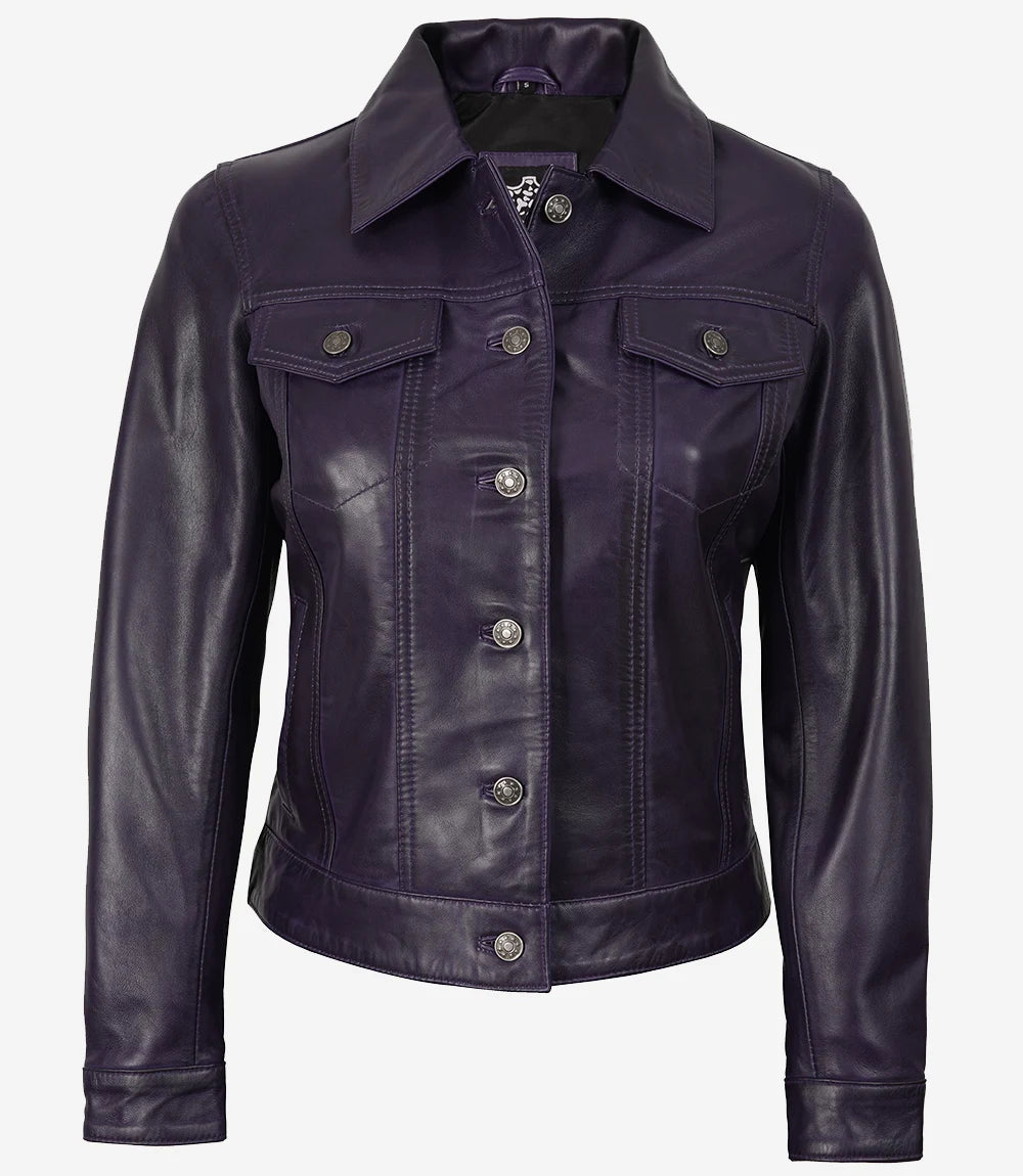 Lila Trucker-Lederjacke für Damen