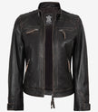 Gesteppte, abgenutzte Damenjacke aus echtem Lammleder in Braun im Biker-Stil