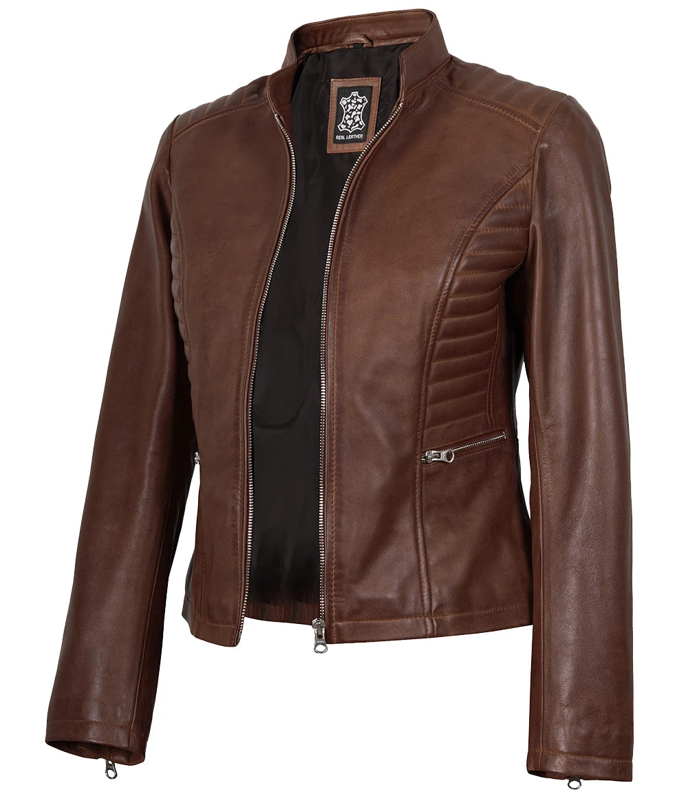 Damenjacke aus echtem Leder im Biker-Stil, Cognac