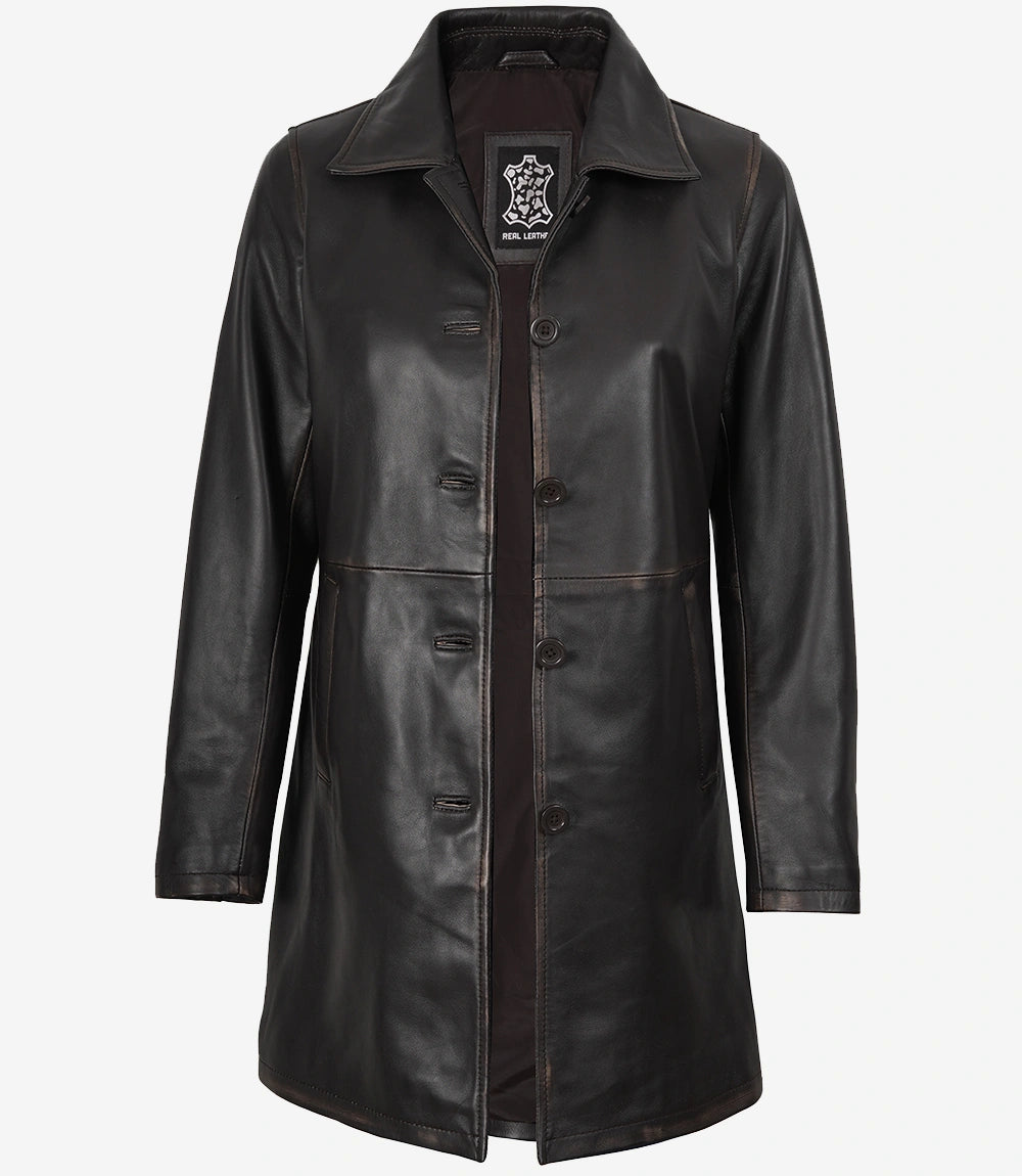 Damenmantel aus echtem Leder im Used-Look, braun, 3/4-Länge