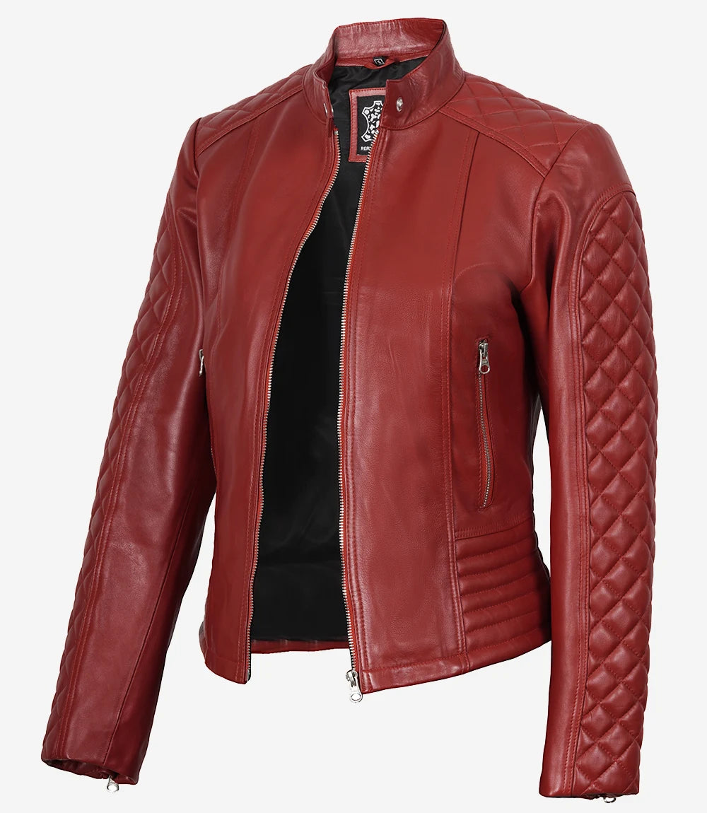 Damenjacke aus echtem Leder im roten, gesteppten Biker-Stil