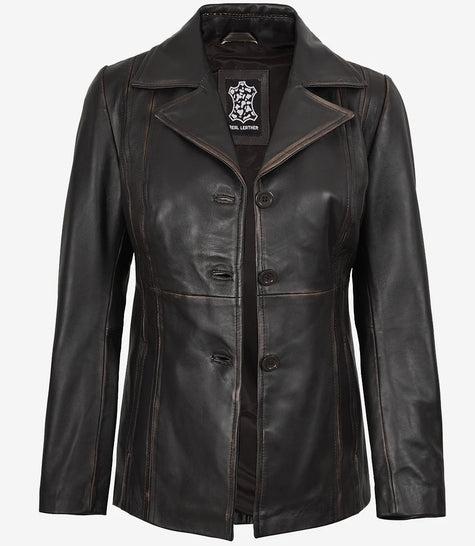 Damenblazer aus braunem Leder im Used-Look mit drei Knöpfen
