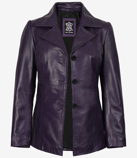 Lilafarbener Damen-Lederblazer mit drei Knöpfen