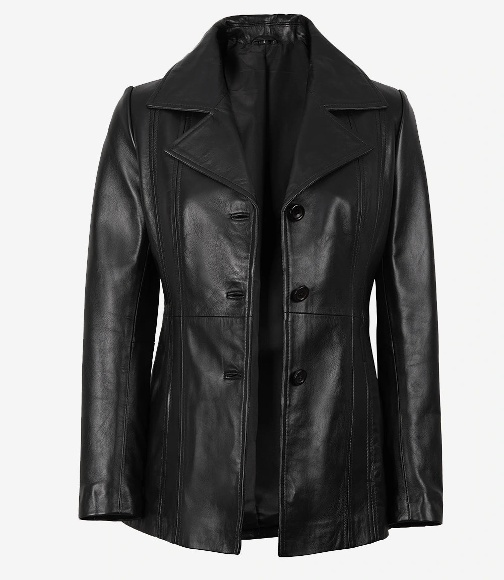 Womens 3 4 Length Black Leather Coat