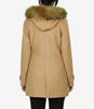 Women's Camel Brown Hooded Shearling Wool Duffle Coat