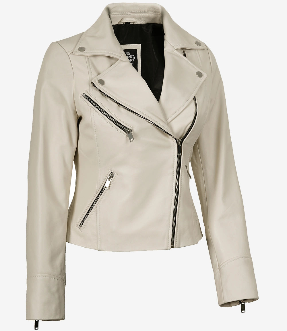 Damenjacke aus echtem Lammleder im Biker-Stil, cremefarben