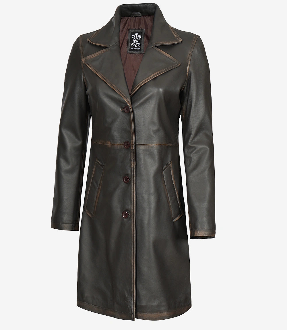 Brauner 3/4-Ledermantel im Used-Look für Damen