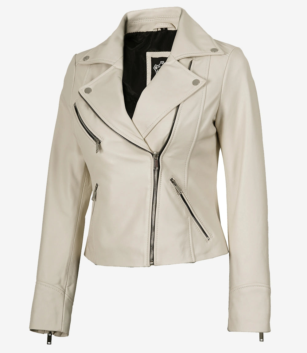 Damenjacke aus echtem Lammleder im Biker-Stil, cremefarben