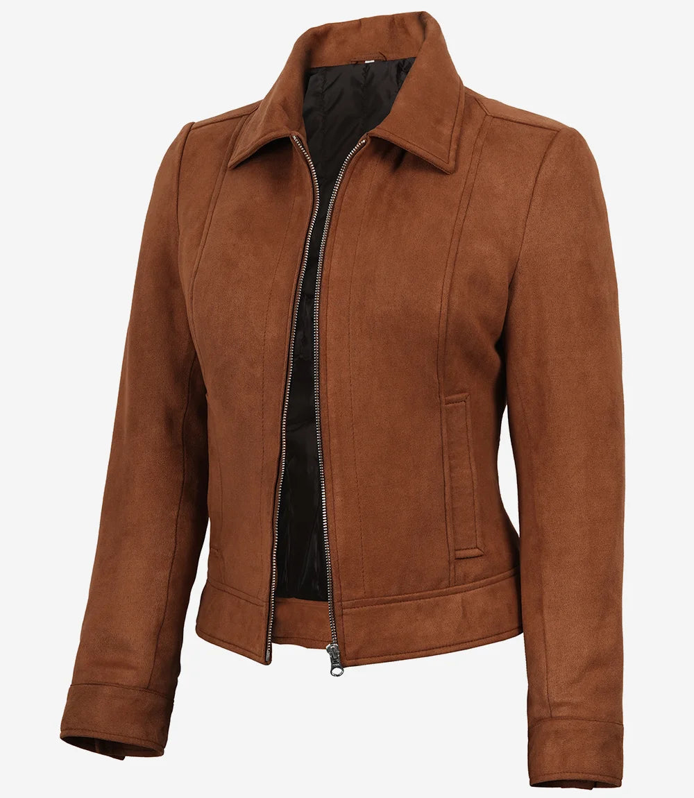 Womens Shirt Collar Light Brown Faux Suede Jacket