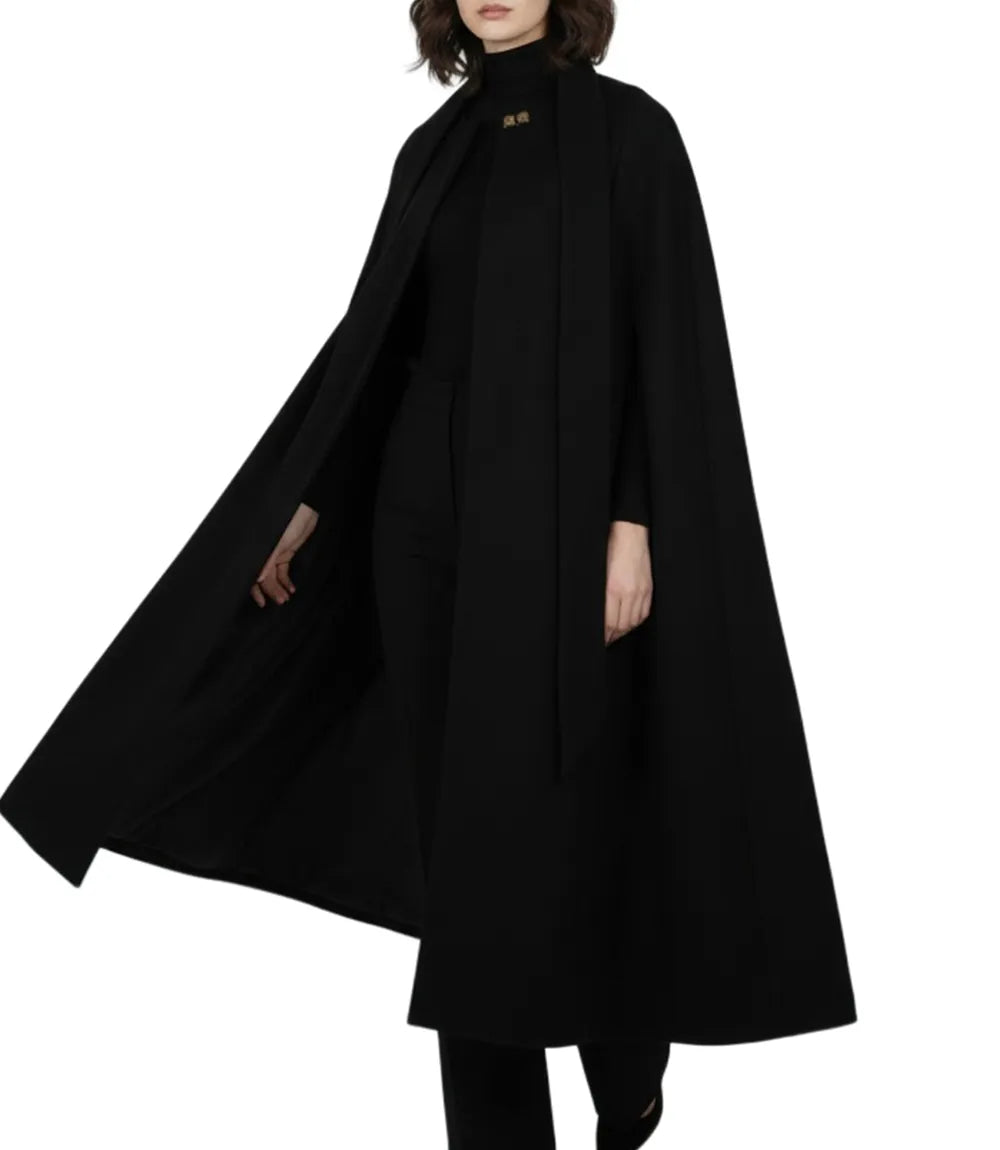 Marrie Damen Cape-Mantel aus Wolle in Schwarz – Langer Wintermantel