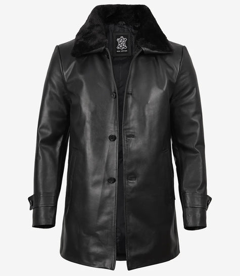Men's Black Leather 3/4 Length Coat with Fur Collar