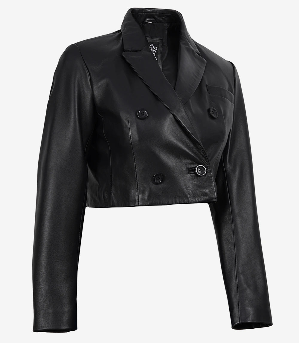 Women's Black Lambskin Double-Breasted Cropped Blazer