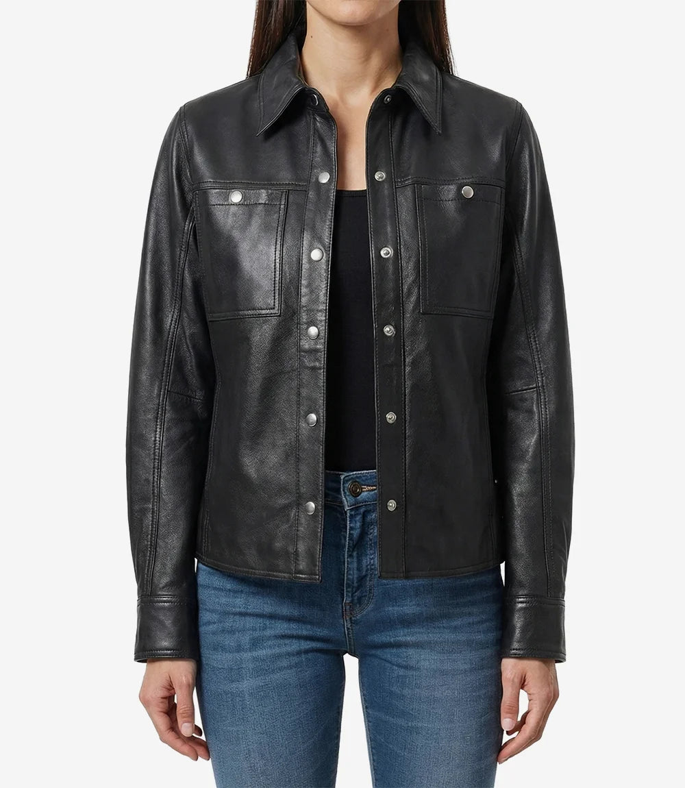 Women’s Minimalist Black Lambskin Leather Shacket – Snap-Button Closure