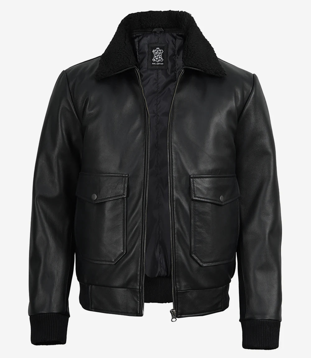 Men's Black Leather Aviator Jacket with Detachable Faux Shearling Collar