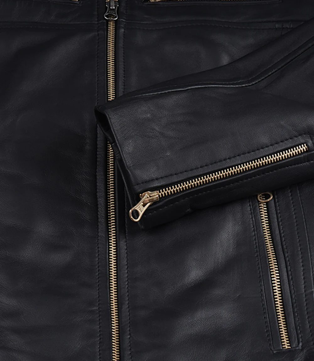 Women's Matte Black Leather Cafe Racer Jacket with Gold Zippers