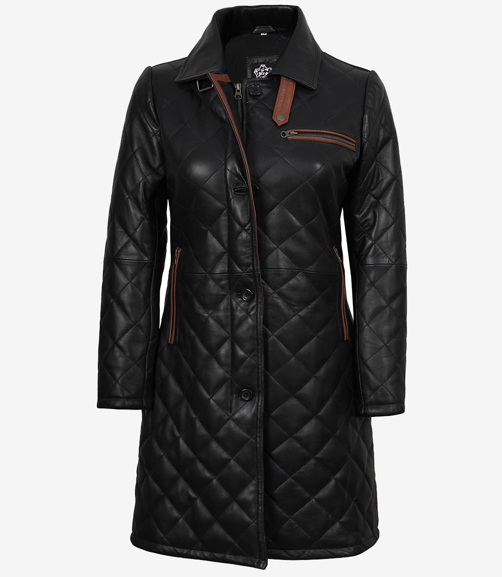 Glen Womens Real Leather Black Quilted Car Coat with Brown Detailing