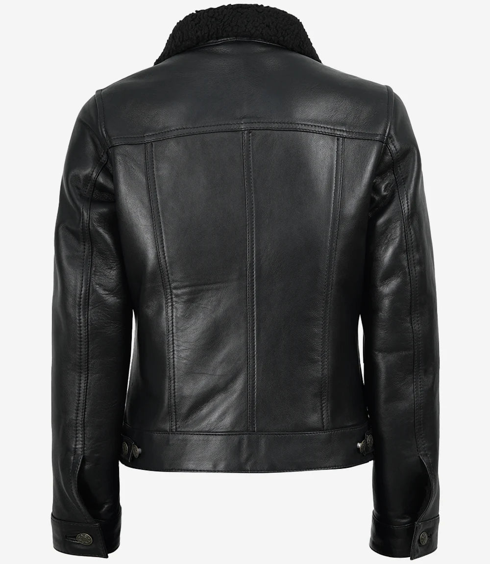 Women's Black Leather Trucker Jacket with Sherpa Lining