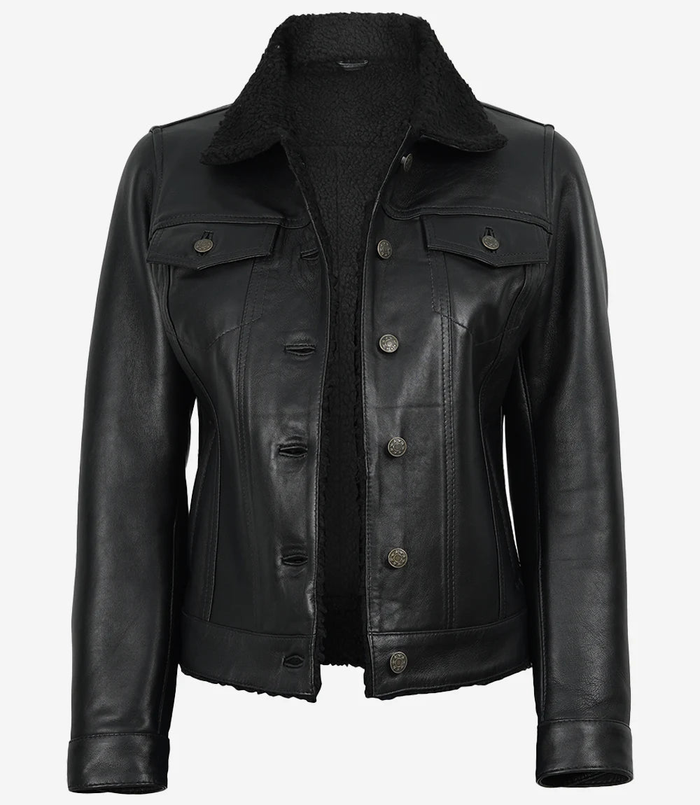 Women's Black Leather Trucker Jacket with Sherpa Lining