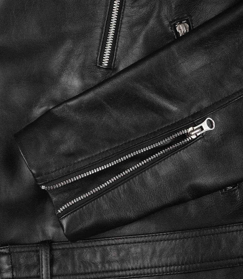 Schwarze asymmetrische Lederjacke für Herren – Motorrad-Stil