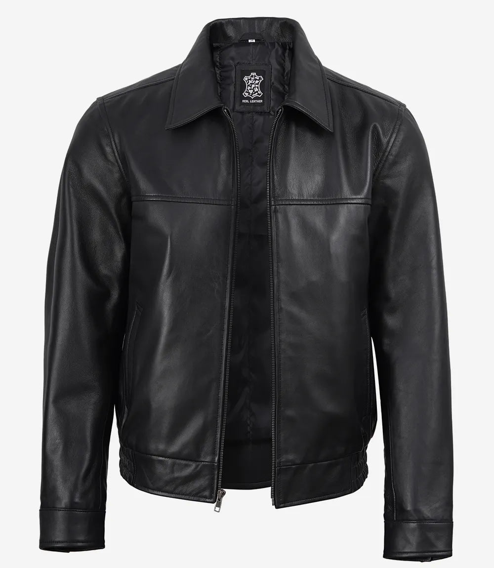 Men's Black Real Lambskin Leather Harrington Bomber Jacket