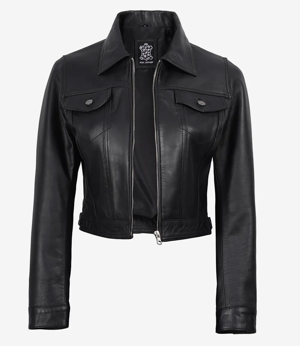 Women's Black Real Leather Cropped Trucker Jacket
