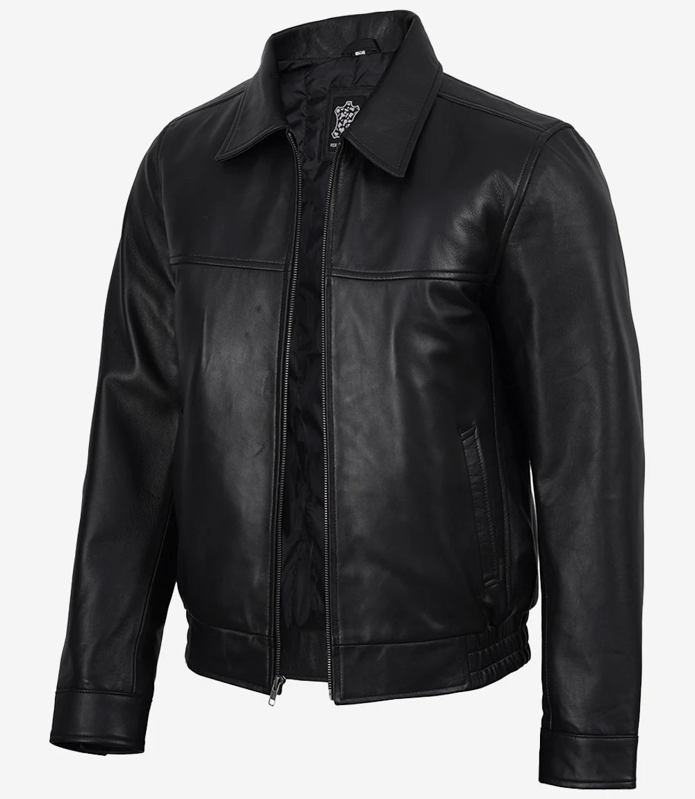 Black Classic Shirt Collar Leather Bomber Jacket for Men