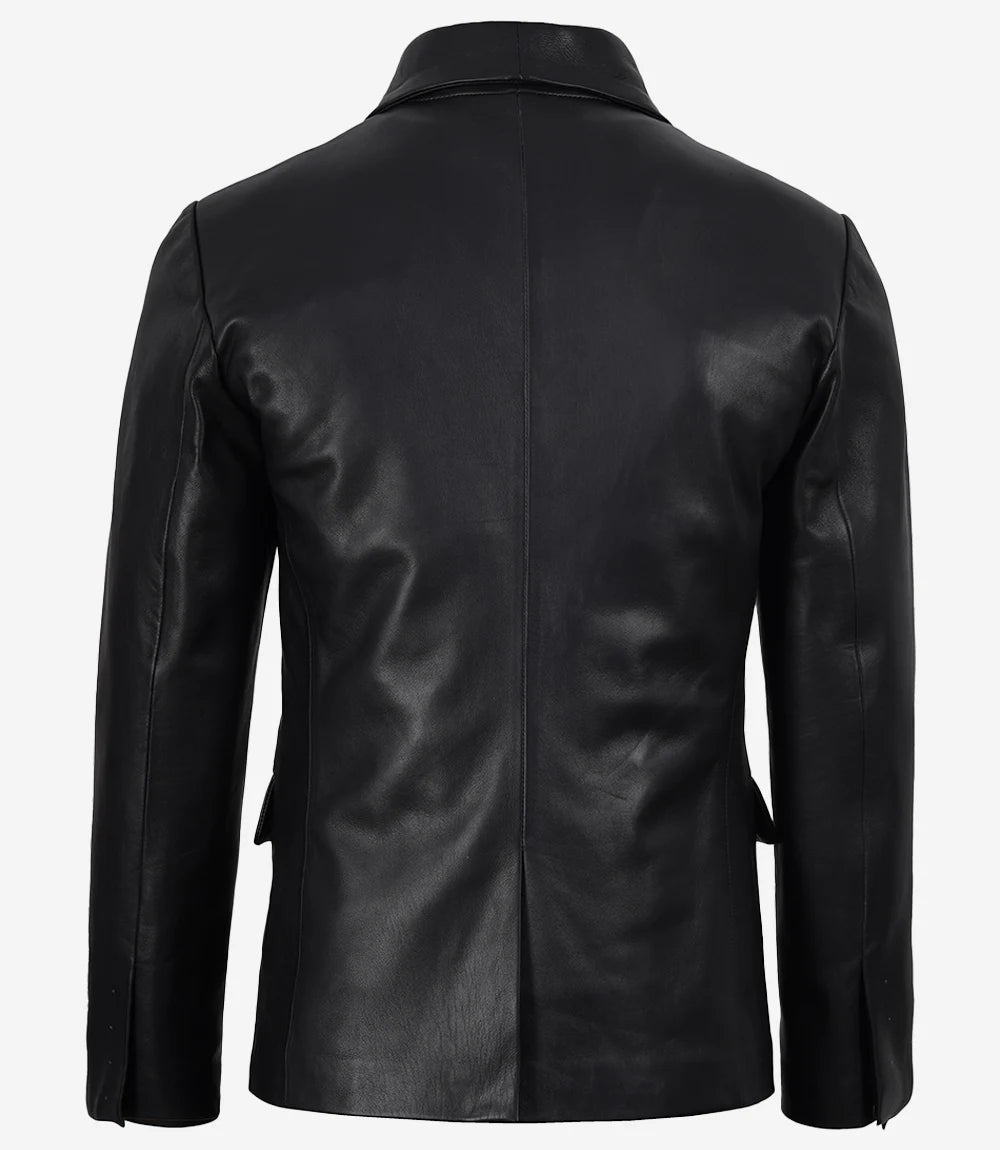 Men's Single Button Black Leather Blazer - Shawl Lapel