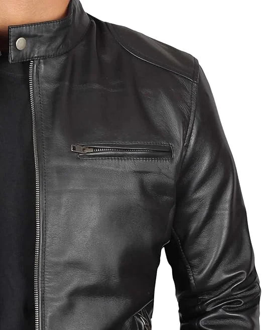 Dodge Black Mens Leather Racer Jacket