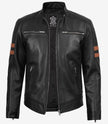 Schwarze Lederjacke im Biker-Stil für Herren mit hellbraunen Armstreifen