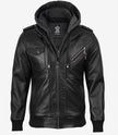 Men's Black Leather Jacket with Grey Removable Hood