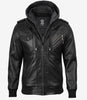 Men's Black Leather Jacket with Grey Removable Hood