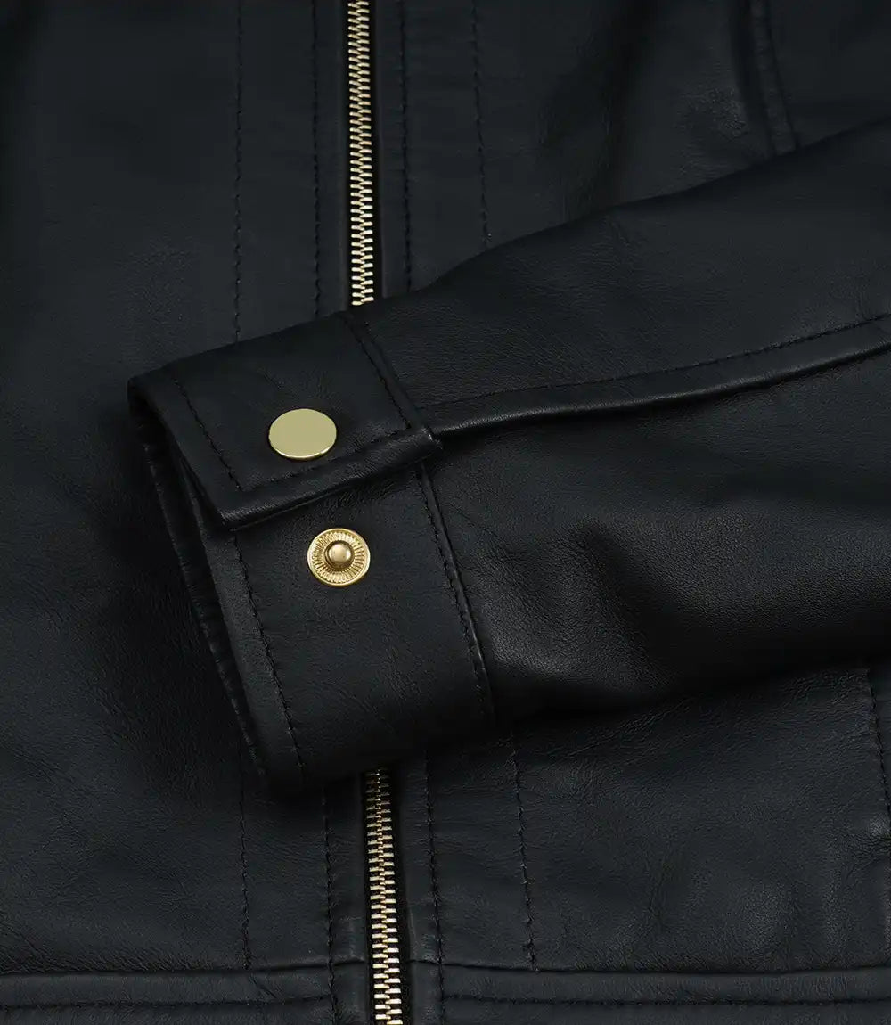 Jose Women's Black Harrington Leather Jacket with Golden Details