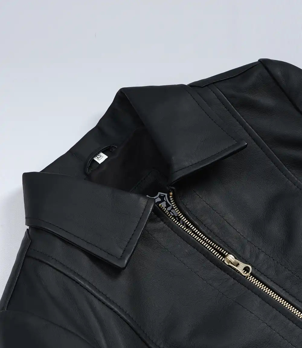 Jose Women's Black Harrington Leather Jacket with Golden Details