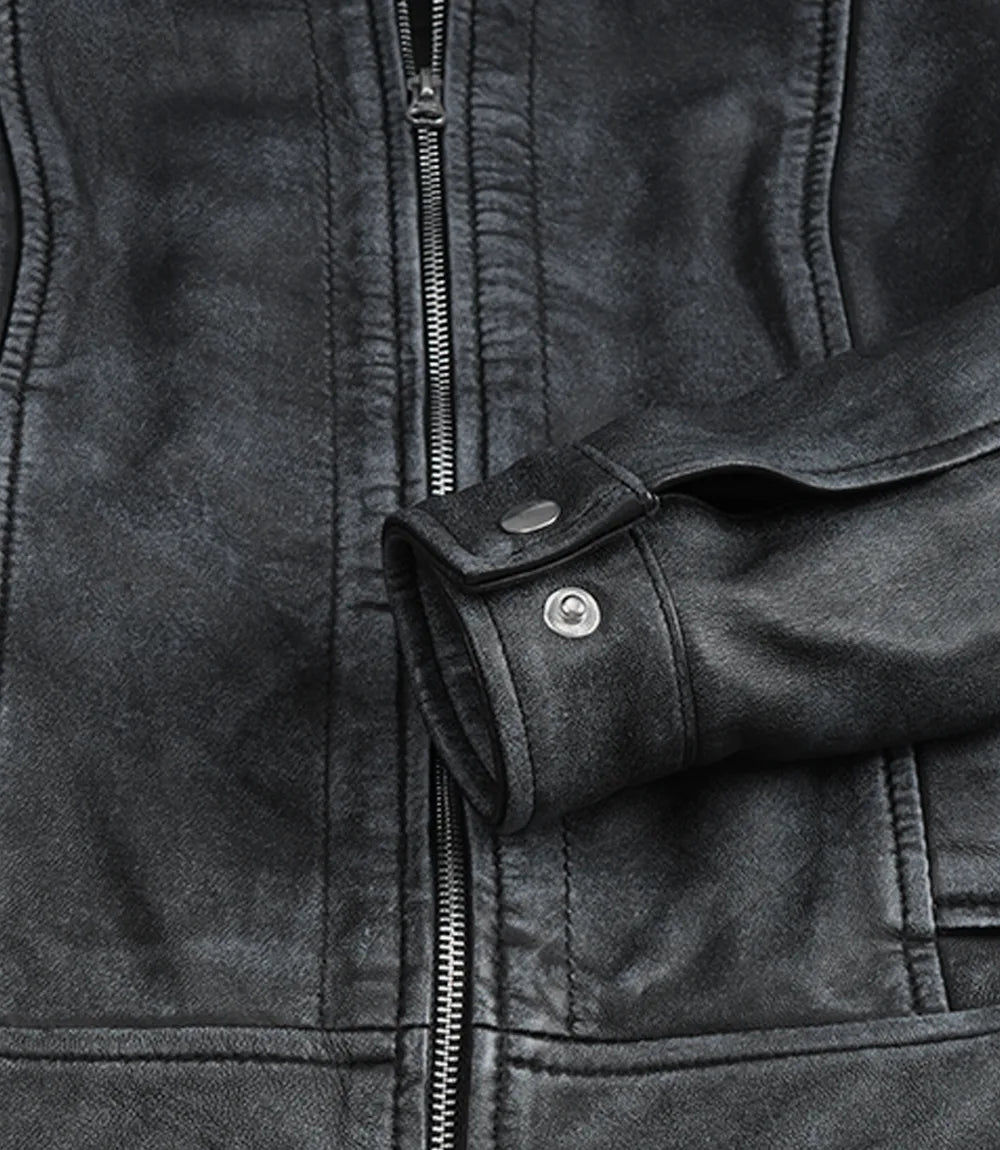 Jose Womens Black Shirt Collar Harrington Washed Leather Jacket