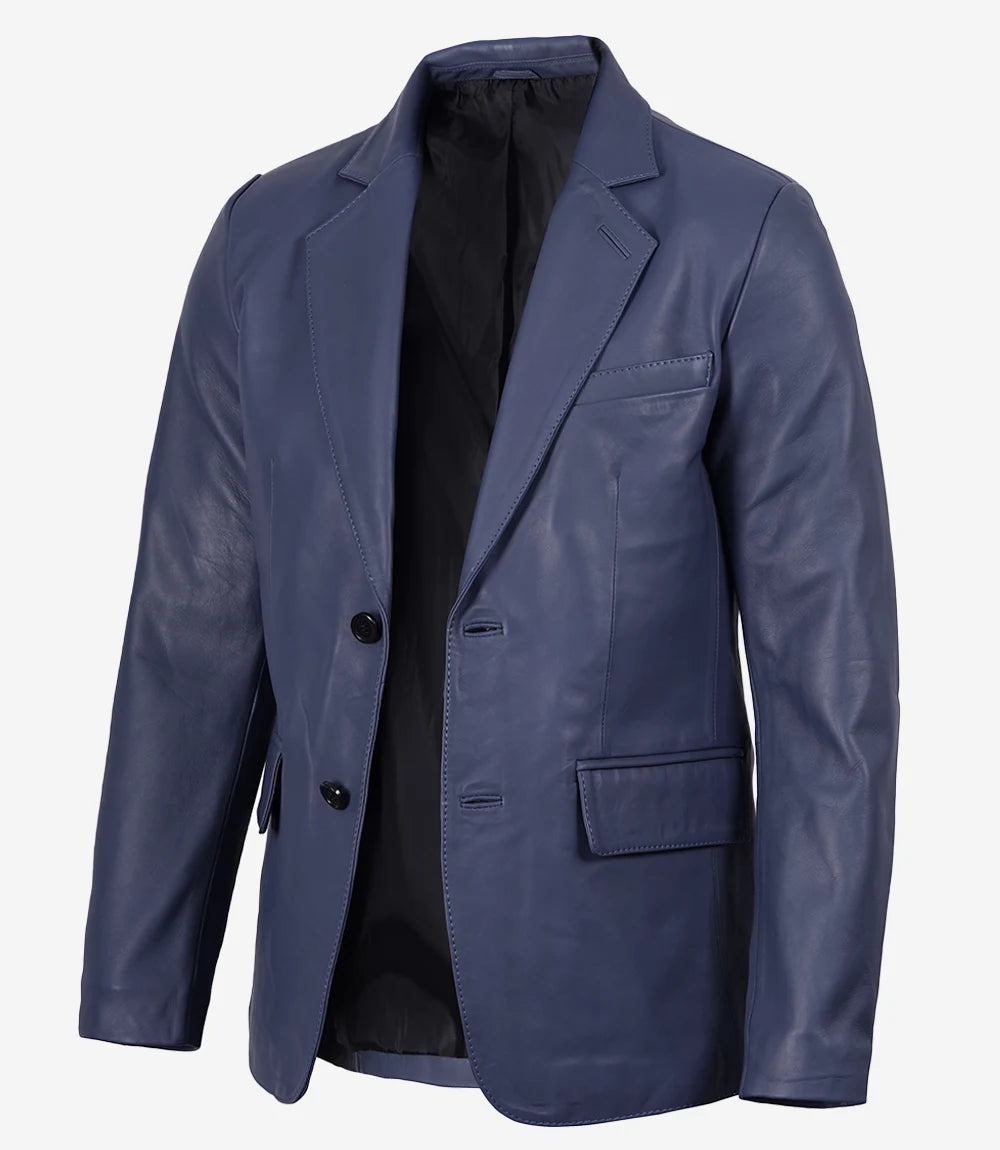 Men's Blue Leather Two-Button Closure Blazer Jacket