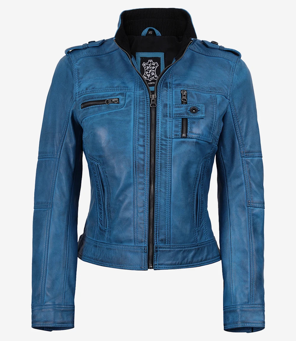 Blaue Damenjacke im Biker-Stil aus gewachstem Lammleder