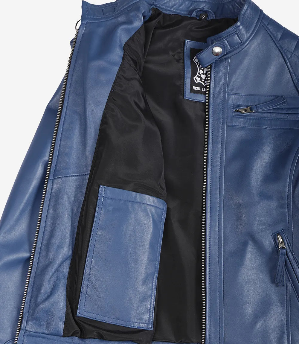 Womens Real Lambskin Leather Blue Quilted Biker Jacket
