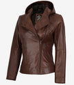 Womens Asymmetrical Brown Biker Style Leather Jacket with Hood