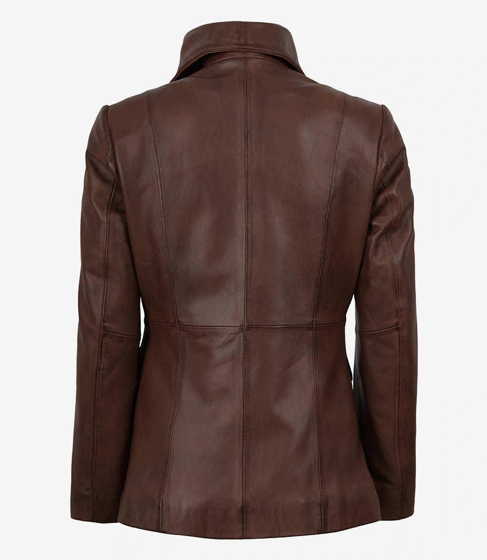 Women’s Brown Cognac Waxed Lambskin Leather Blazer – Single Button