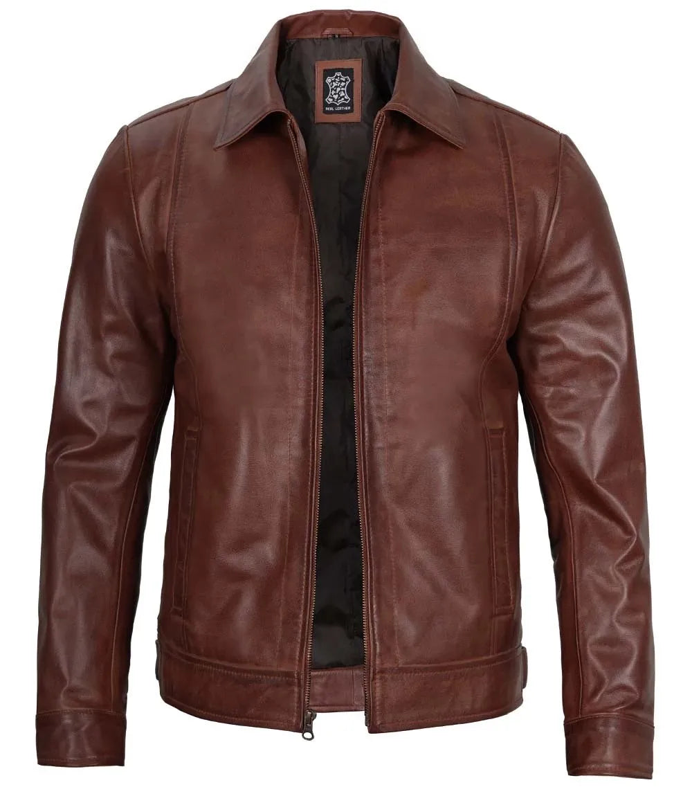 Mens Tall Brown Shirt Collar Harrington Leather Jacket