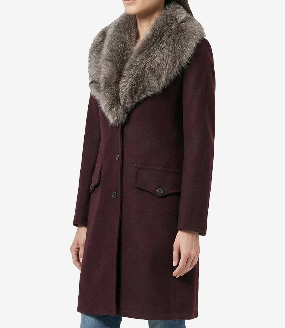 Women's Burgundy Wool Coat – Faux Fur Shawl Collar