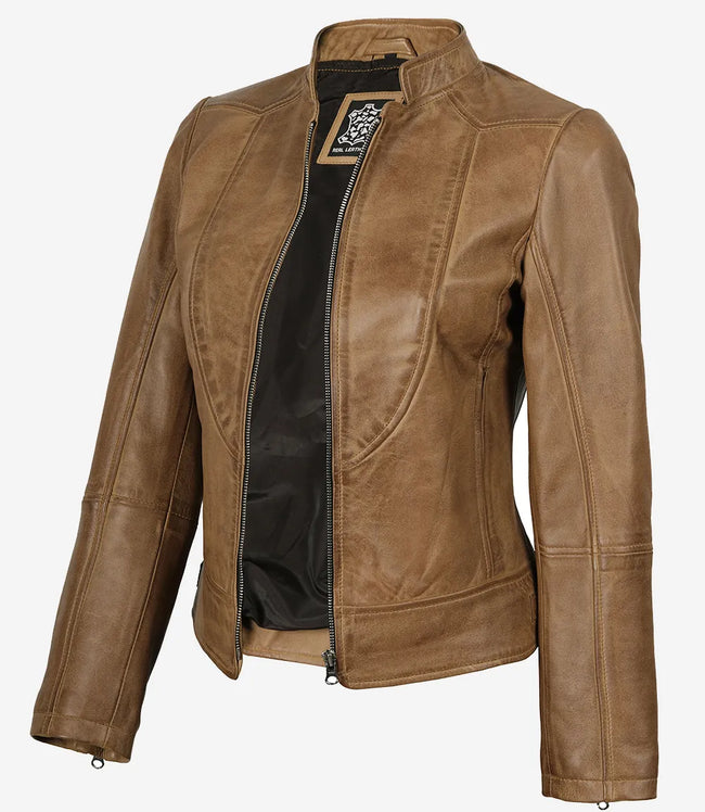 Amy Damen Lederjacke im Biker-Stil, Kamelbraun