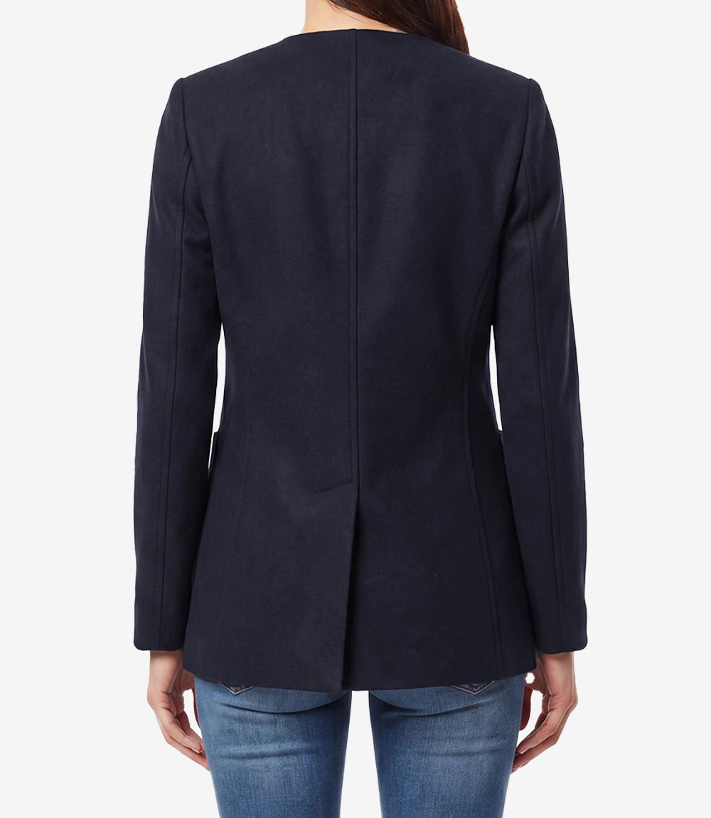 Women's Navy Blue Wool Collarless Jacket
