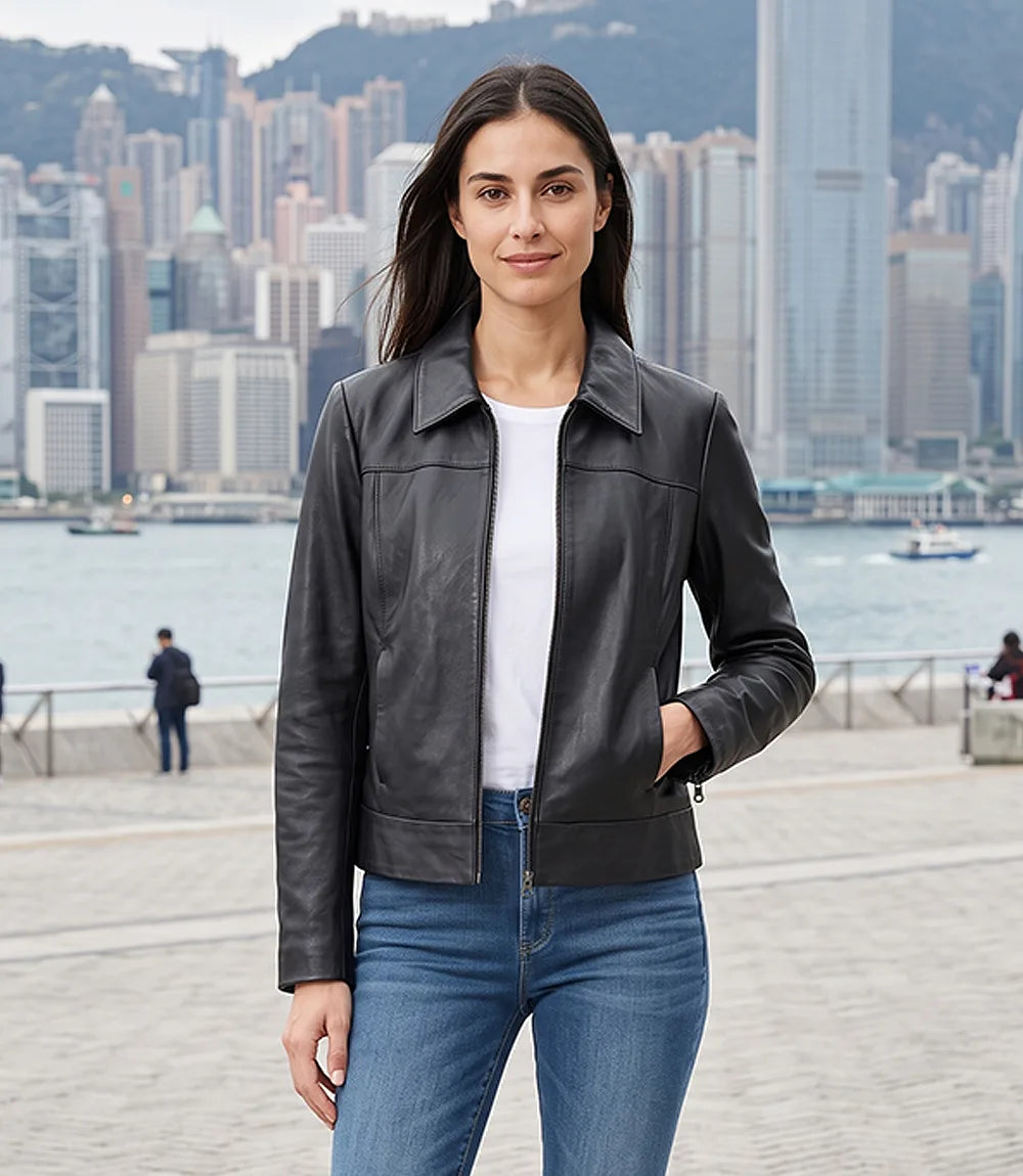Women's Black Leather Harrington Jacket