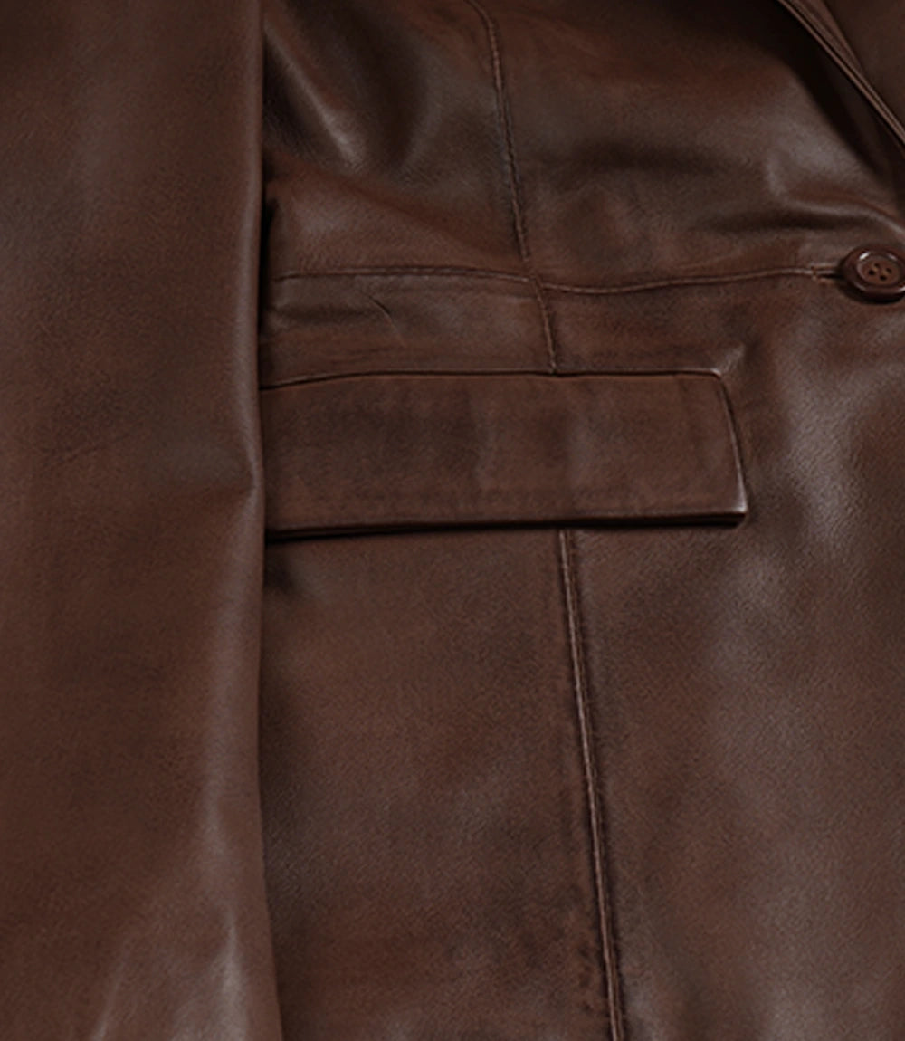 Women’s Brown Cognac Waxed Lambskin Leather Blazer – Single Button