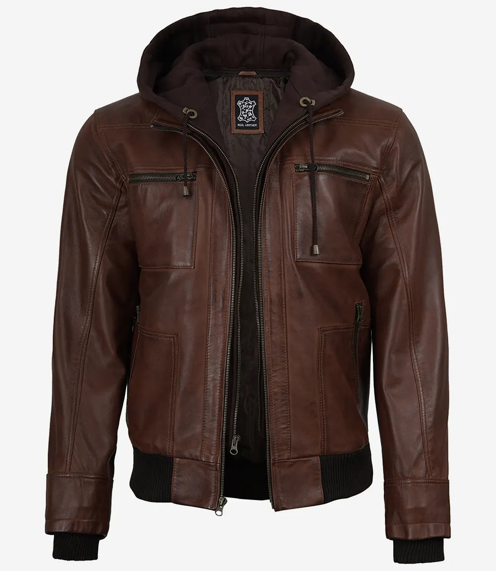 Mens Cognac Waxed Bomber Leather Jacket With Hood