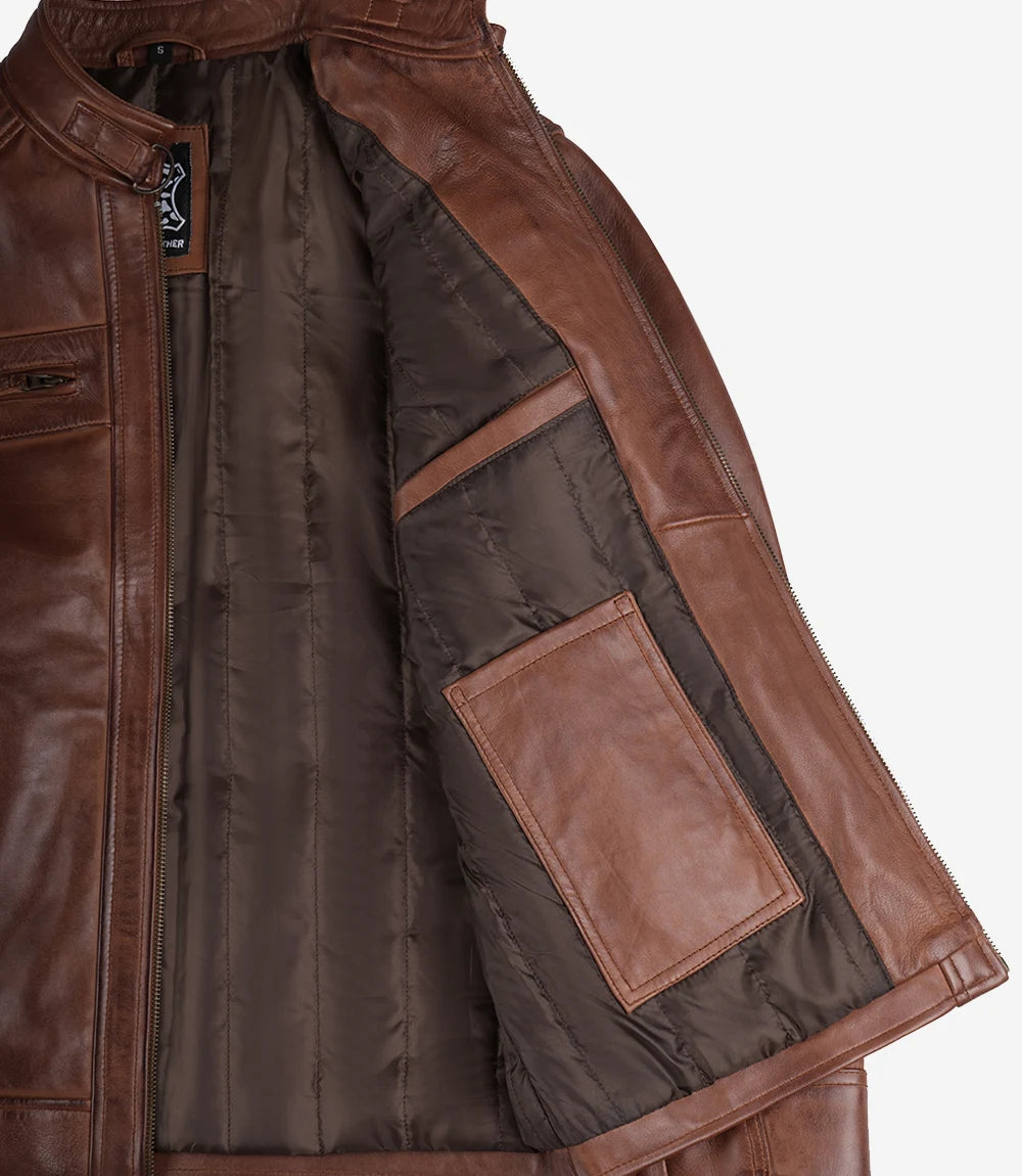 Cognacbraune gesteppte Lederjacke im Biker-Stil für Herren